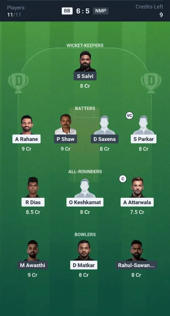 BB vs NMP Dream11 Prediction Grand League Team