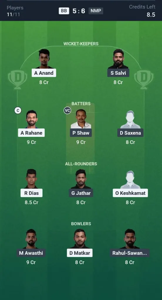BB vs NMP Dream11 Prediction Head to Head Team