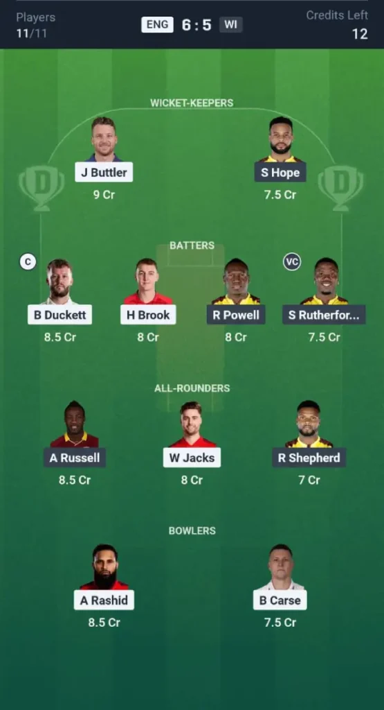 ENG vs WI Dream11 Prediction Grand League Team