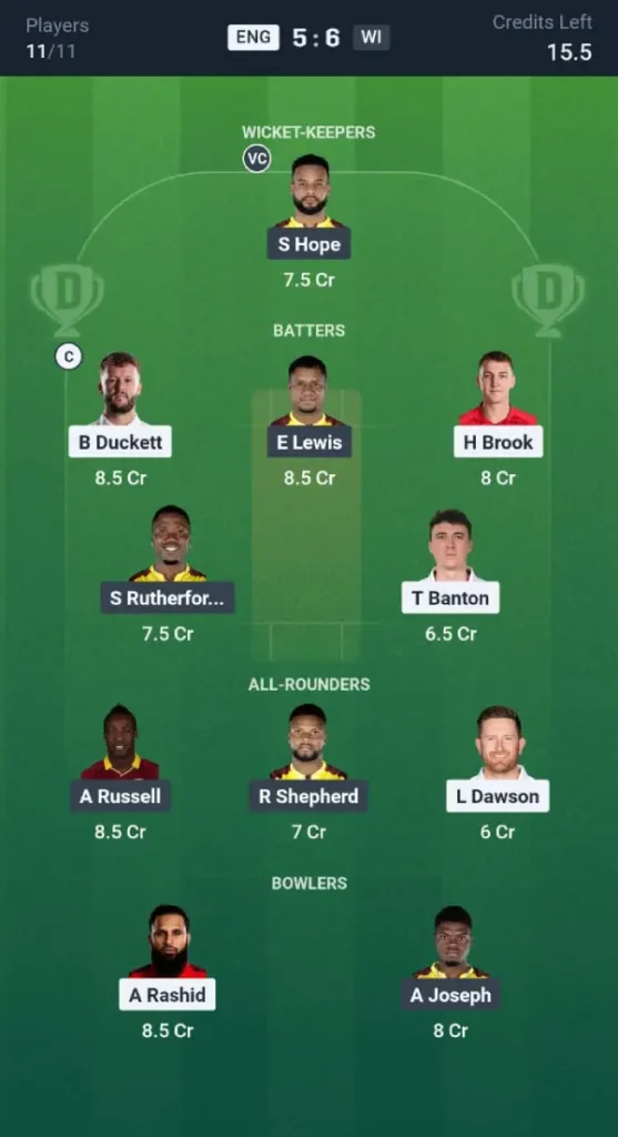 ENG vs WI Dream11 Prediction: Grand League Team