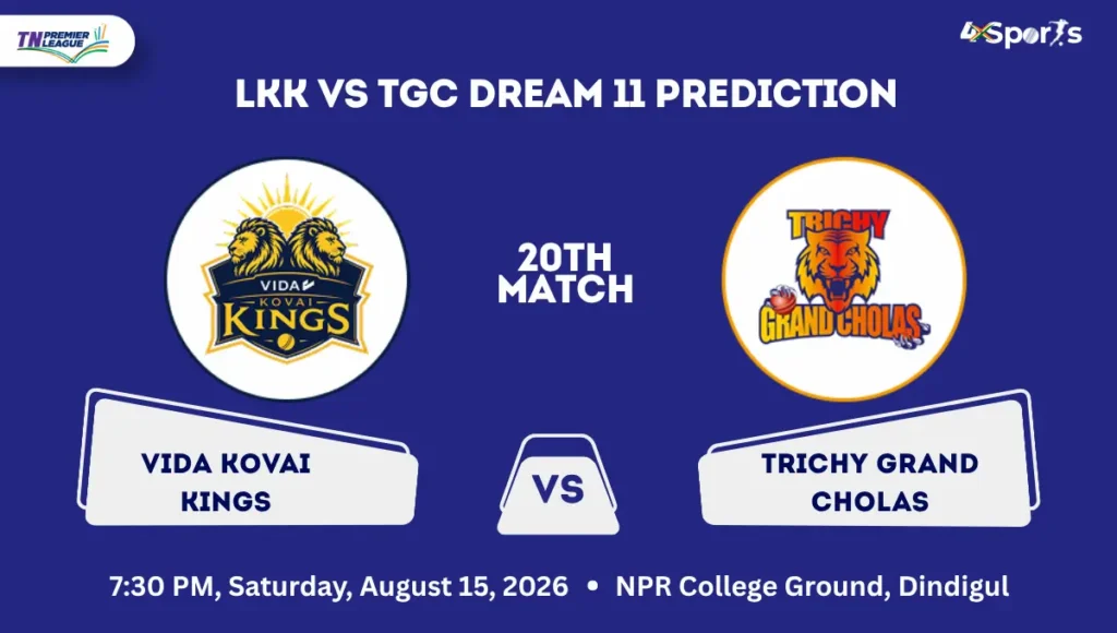 LKK vs TGC Dream11 Prediction Today Match 20th: Playing XI, Pitch Report, Fantasy Cricket Tips, Dream11 Team Captain and Vice-Captain Choices – TNPL 2026 LKK vs TGC Dream 11 Prediction Today Match 20th TNPL 2026
