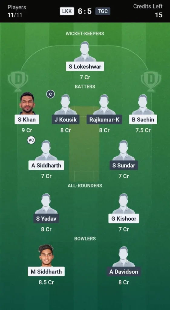 LKK vs TGC Dream11 Prediction Grand League Team