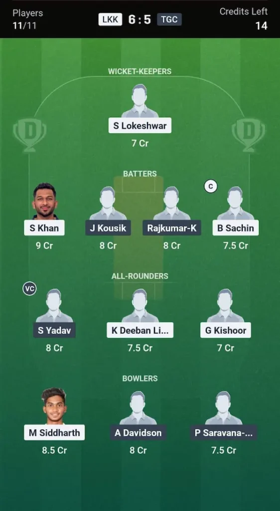 LKK vs TGC Dream11 Prediction Head-to-Head Team