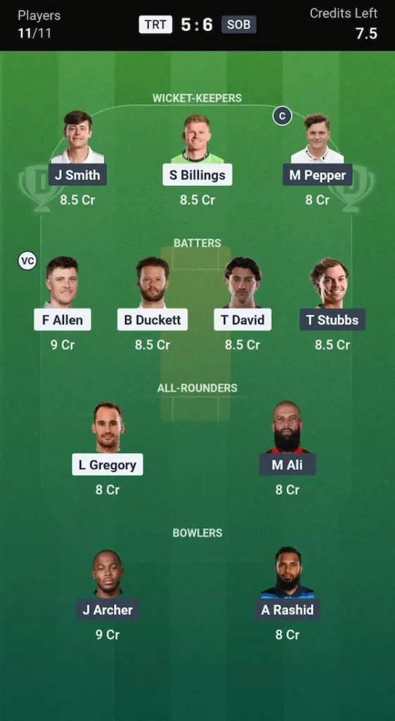 TRT vs SOB Dream11 Prediction Grand League Team 1