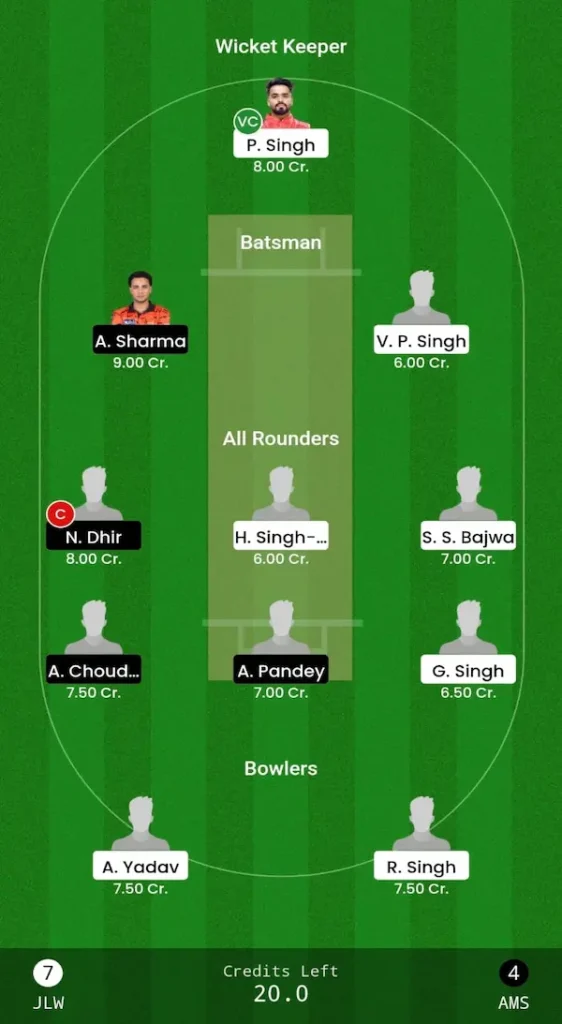 AMS vs JLW Dream11 Prediction Head-to-Head Team