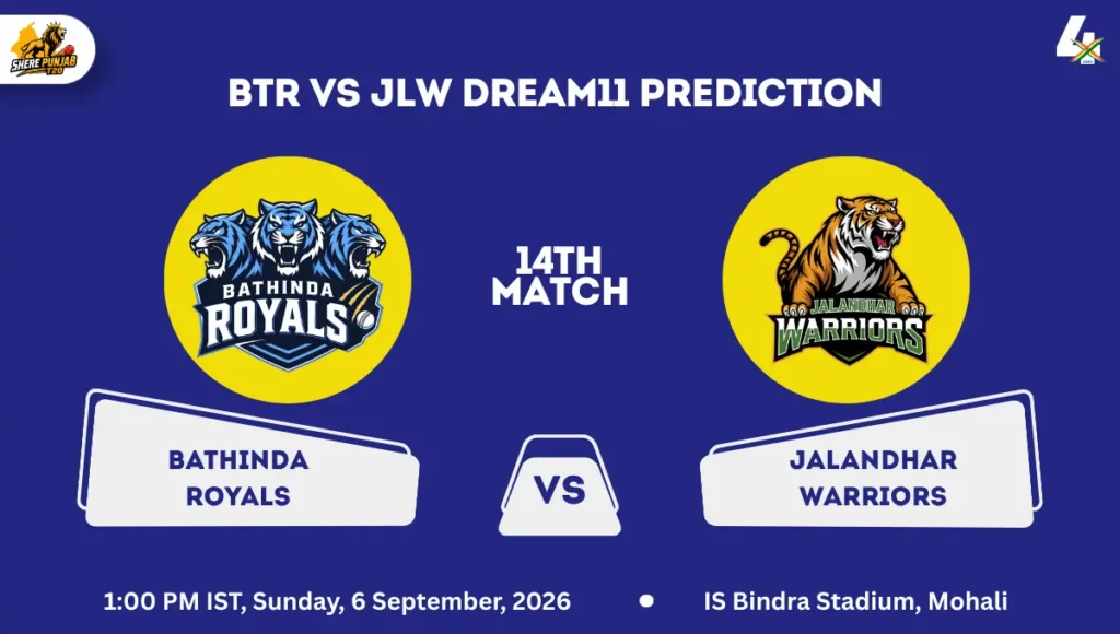 BTR vs JLW Dream11 Prediction Today Match 14th Sher E Punjab T20 2026