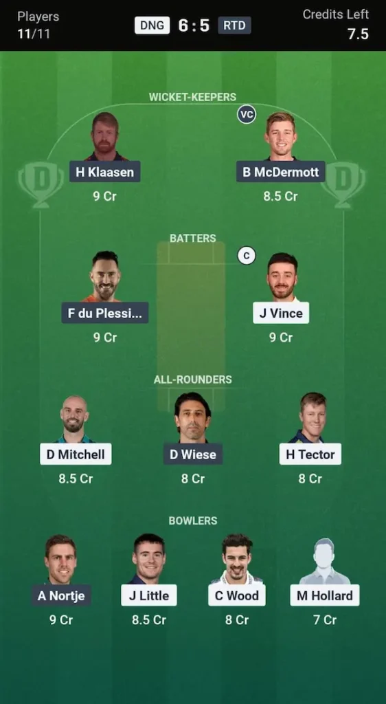 DBG vs RDD Dream11 Prediction Grand League Team