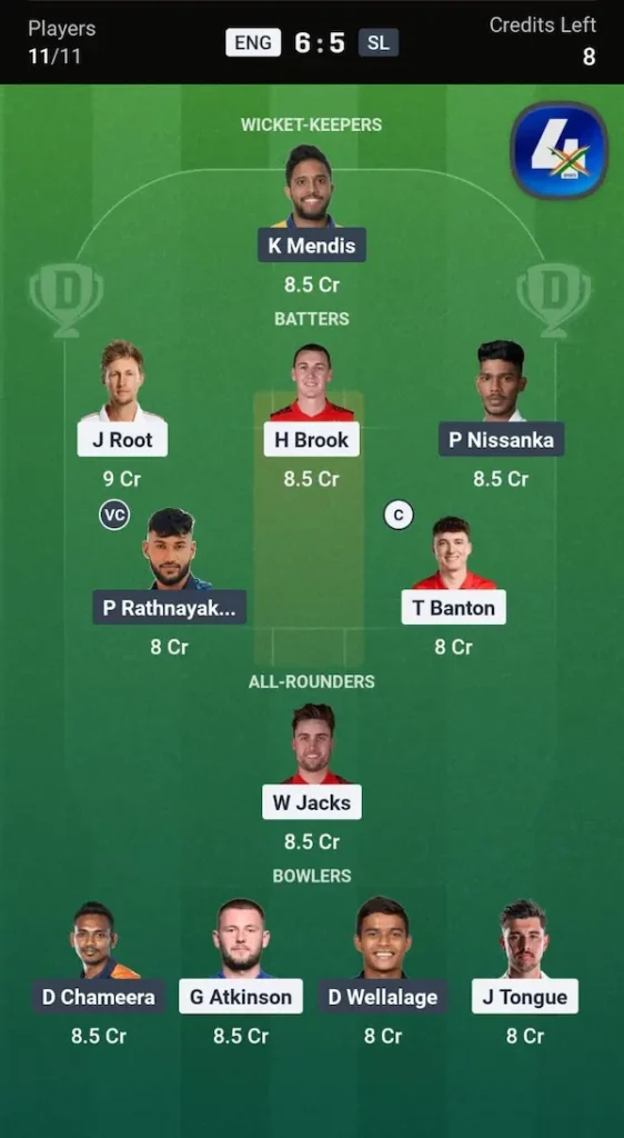 ENG vs SL Dream11 Prediction Grand League Team 1