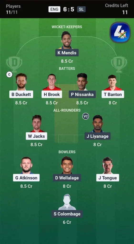 ENG vs SL Dream11 Prediction Grand League Team 2