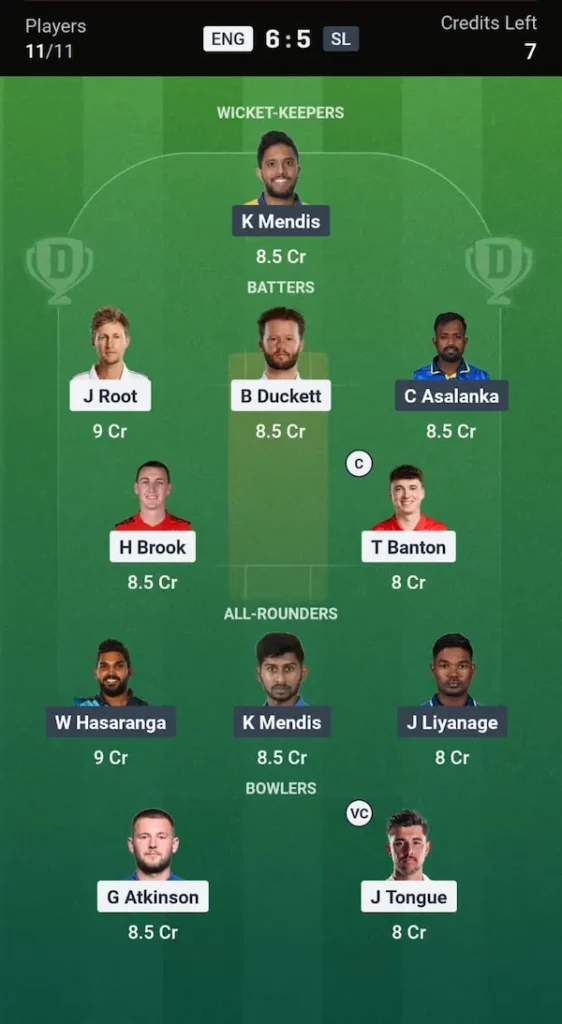 ENG vs SL Dream11 Prediction Grand League Team