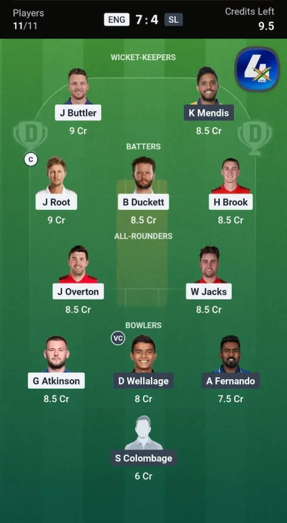 ENG vs SL Dream11 Prediction Head-to-Head Team