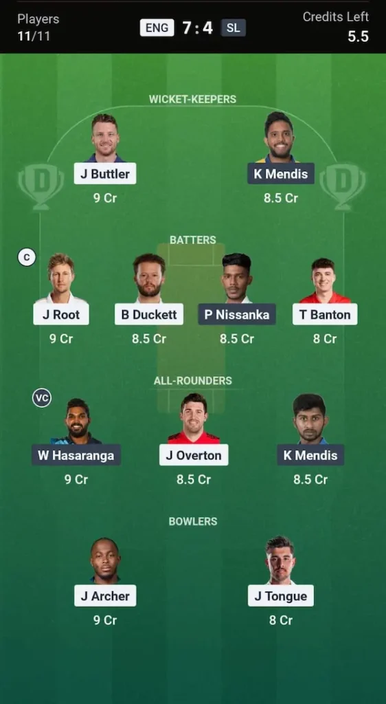 ENG vs SL Dream11 Prediction Head-to-Head Team
