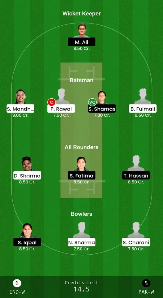 IND W vs PAK W Dream11 Prediction Grand League Team