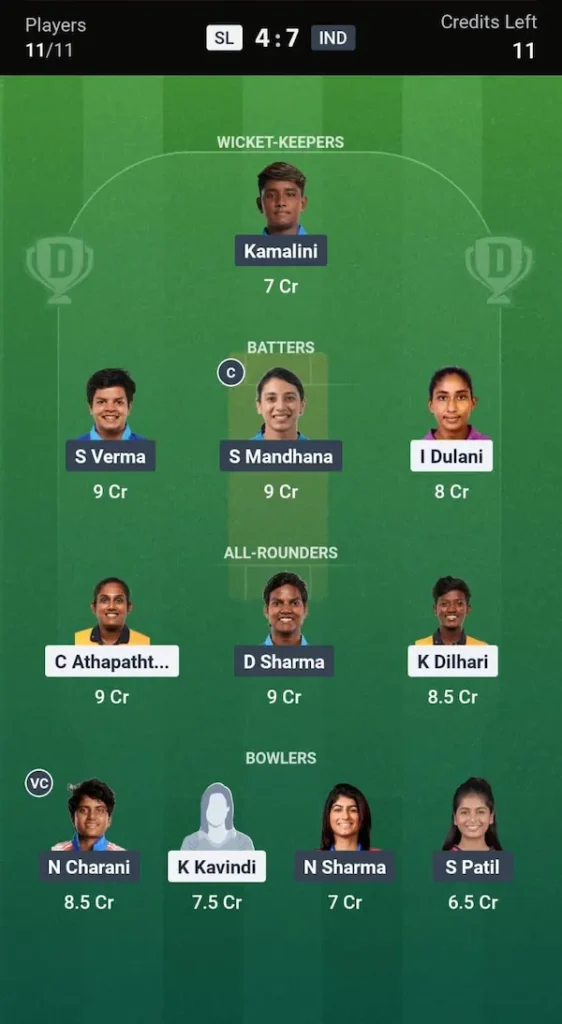 IND W vs SL W Dream11 Prediction Grand League Team