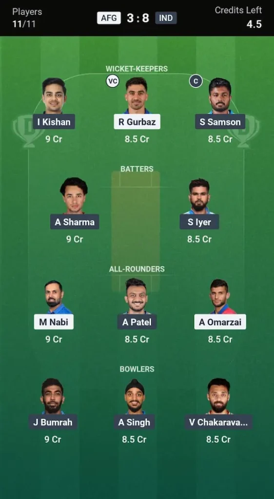 IND vs AFG Dream11 Prediction Grand League Team 1