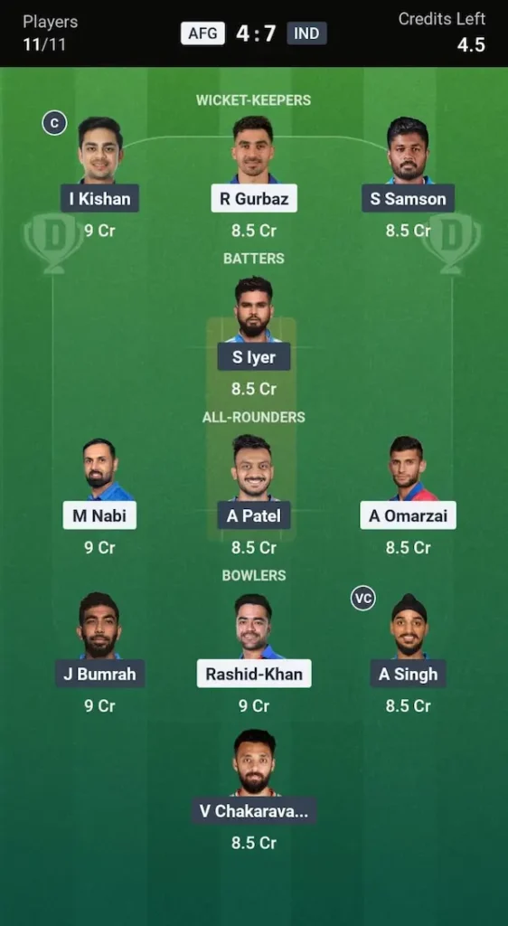 IND vs AFG Dream11 Prediction Grand League Team 3