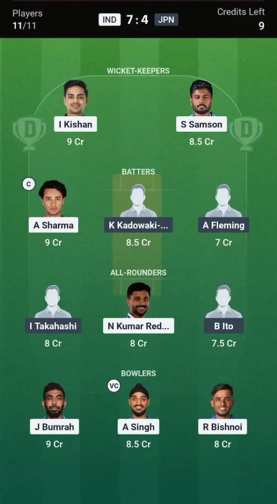 IND vs JPN Dream11 Prediction Head-to-Head Team