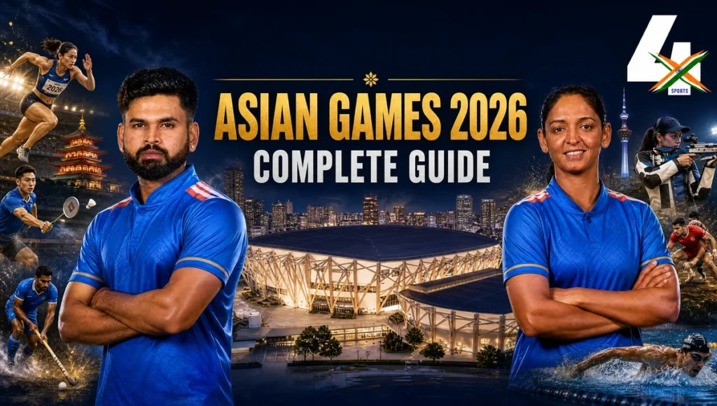 Editorial multi-sport illustration for the Asian Games 2026 complete guide with Indian cricket captains