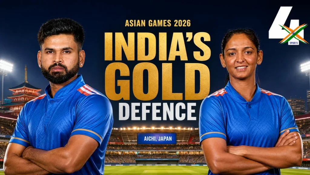 Editorial illustration of Shreyas Iyer and Harmanpreet Kaur for India’s Asian Games 2026 cricket title defence