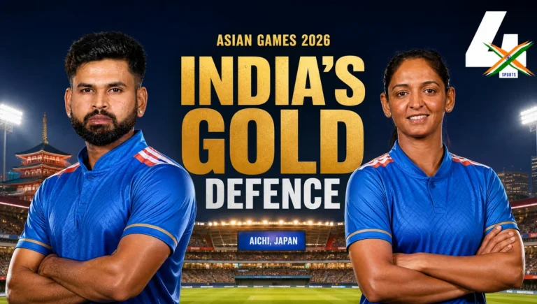 Editorial illustration of Shreyas Iyer and Harmanpreet Kaur for India’s Asian Games 2026 cricket title defence