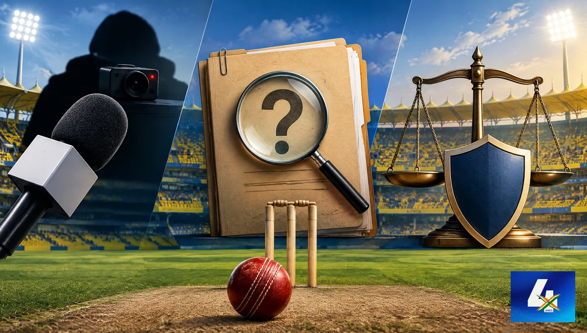 Editorial illustration separating a reported claim, an investigation and due process in cricket