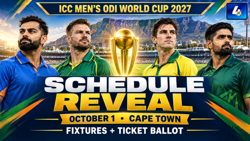 ICC World Cup 2027 Schedule Reveal: Live Stream, Timings and Ticket Ballot Editorial illustration for the ICC Men’s ODI World Cup 2027 schedule reveal in Cape Town on October 1