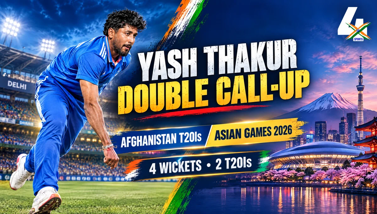 Editorial illustration of Yash Thakur bowling after selection for Afghanistan T20Is and Asian Games 2026