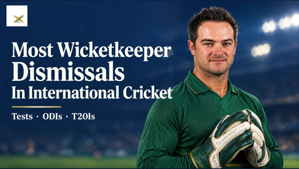 AI-assisted editorial illustration for the most dismissals by wicketkeeper in international cricket guide, featuring Mark Boucher, Adam Gilchrist and MS Dhoni.