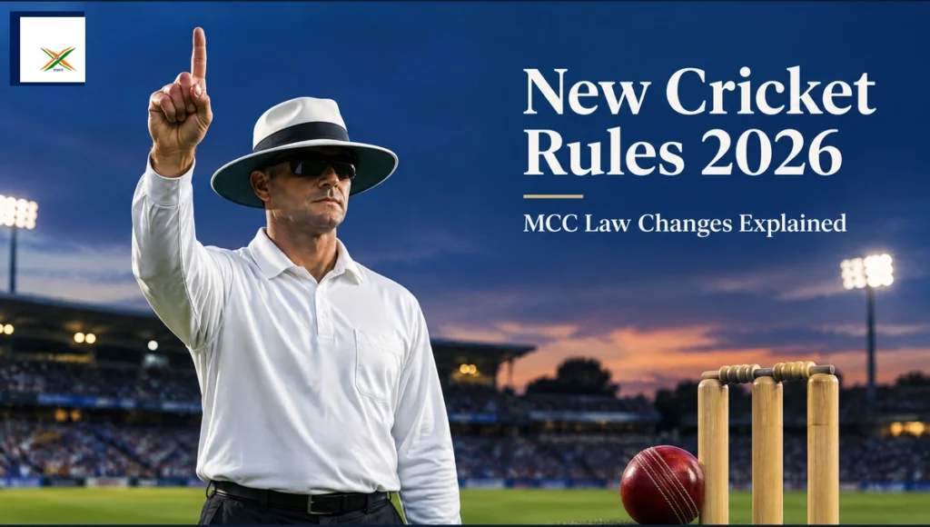AI-assisted editorial illustration: New cricket rules 2026 explained through MCC Law changes for run-outs, catches, bats and balls