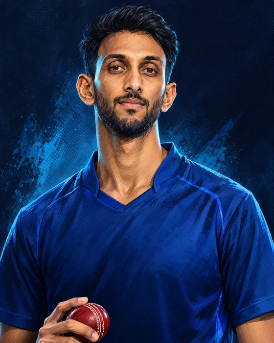 AI-assisted editorial illustration for Prasidh Krishna; not a real match photograph