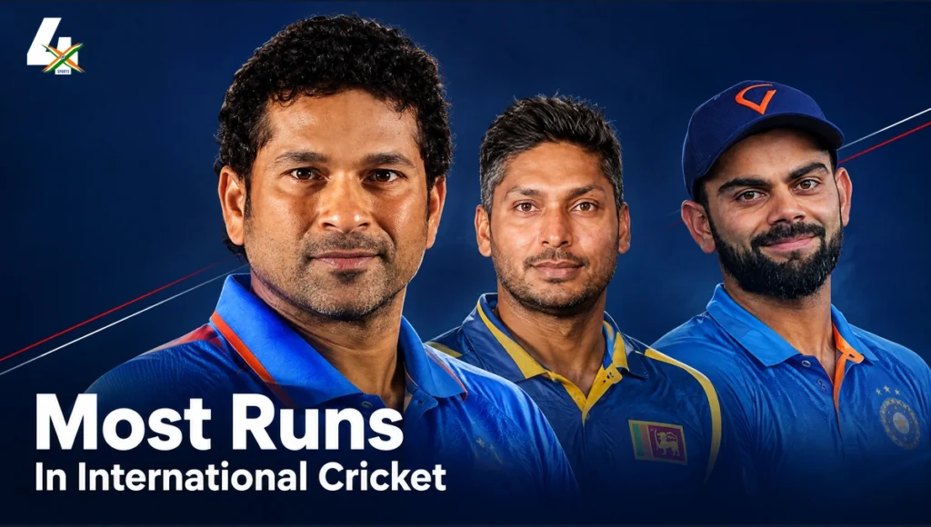 4xSports AI-assisted editorial cover: Most Runs In International Cricket History: Top 20 Men's Run-Scorers