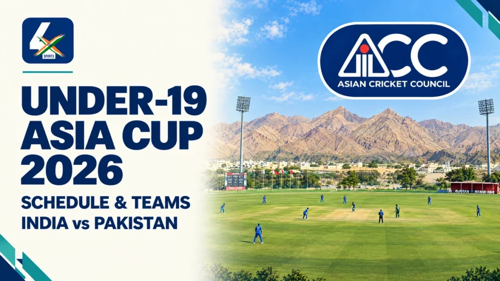 4xSports editorial graphic for Under-19 Asia Cup 2026, with schedule and teams headline, India vs Pakistan text, an ACC organizer emblem and an Oman-inspired cricket ground.