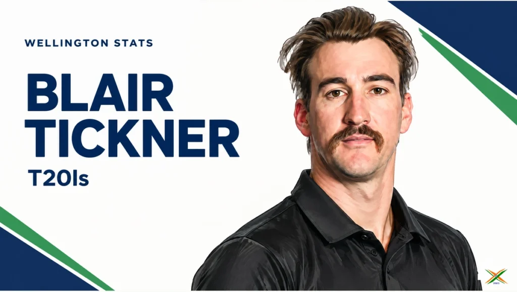 AI-assisted editorial portrait illustration of Blair Tickner in generic black New Zealand cricket clothing, with the text Blair Tickner, Wellington Stats, and T20Is.