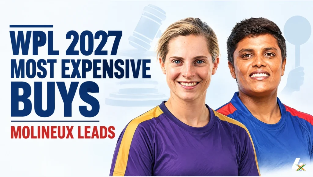 Most Expensive Buys In WPL Auction 2027: Molineux Tops The List Illustrated portraits of Sophie Molineux and Kiran Navgire for the most expensive WPL auction buys