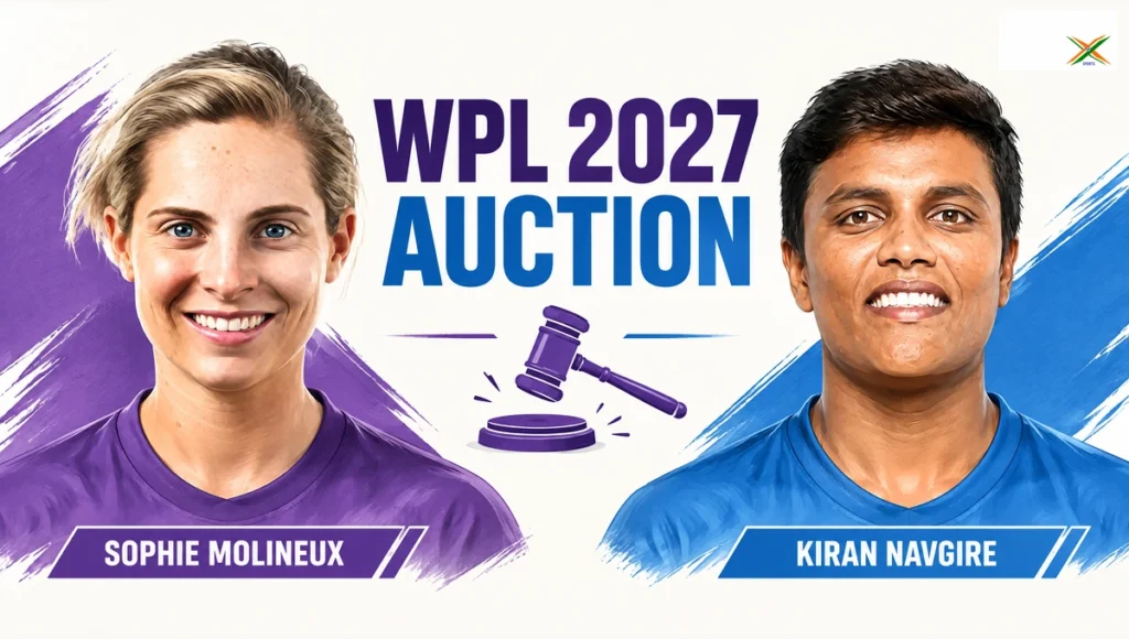 Original editorial illustration of Sophie Molineux and Kiran Navgire for the WPL 2027 Auction news update.
