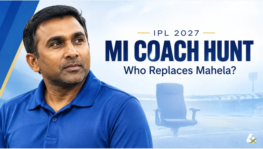 IPL 2027: MI Coach Hunt Takes A Twist As Dravid Stays Out IPL 2027 MI coach-search editorial illustration of Mahela Jayawardene with the headline MI Coach Hunt.