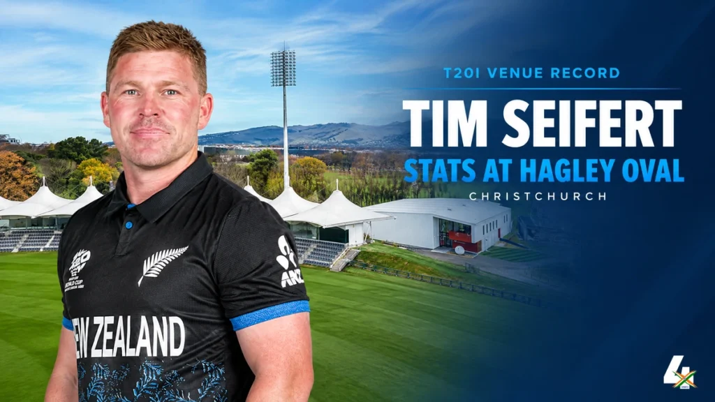 Tim Seifert stats at Hagley Oval, Christchurch, with a profile-pose portrait and pavilion background