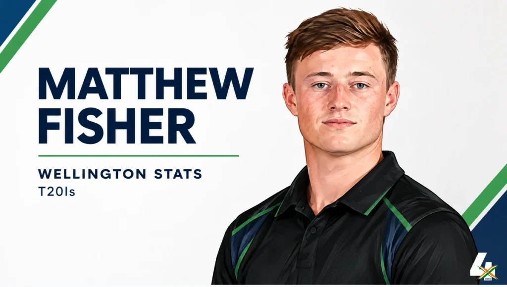AI-assisted editorial portrait illustration of Matthew Fisher in generic black New Zealand cricket clothing beside the title Matthew Fisher Wellington Stats T20Is; not a match photograph.
