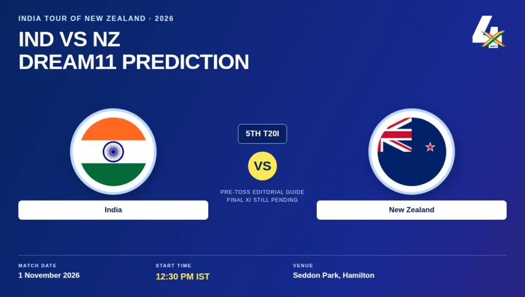 IND vs NZ Dream11 Prediction Today Match 5th T20I: Playing XI, Pitch Report, Fantasy Cricket Tips, Dream11 Team Captain And Vice-Captain Choices – India Tour Of New Zealand, 2026 IND vs NZ 5th T20I at Seddon Park, Hamilton on 1 November 2026