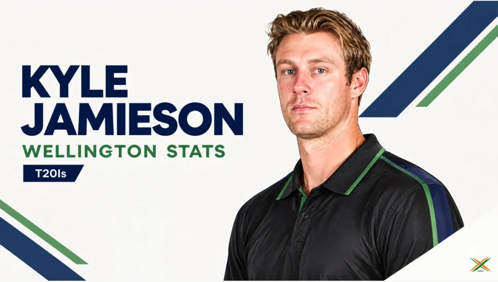 AI-assisted editorial portrait illustration of Kyle Jamieson in generic black New Zealand cricket clothing with the text Kyle Jamieson, Wellington Stats and T20Is; not a match photograph.