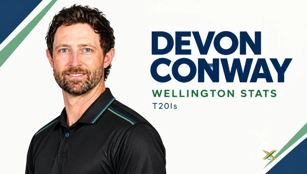 AI-assisted editorial portrait illustration of Devon Conway in generic black New Zealand cricket clothing, with the text “DEVON CONWAY / WELLINGTON STATS / T20Is”. This is not a match photograph.