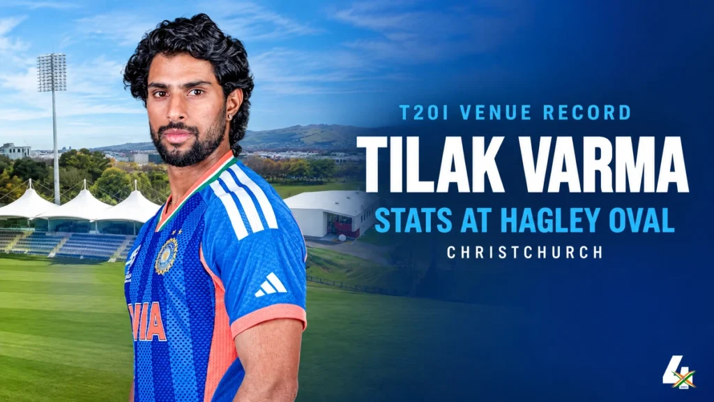 Tilak Varma stats at Hagley Oval, Christchurch, with a profile-pose portrait and pavilion background