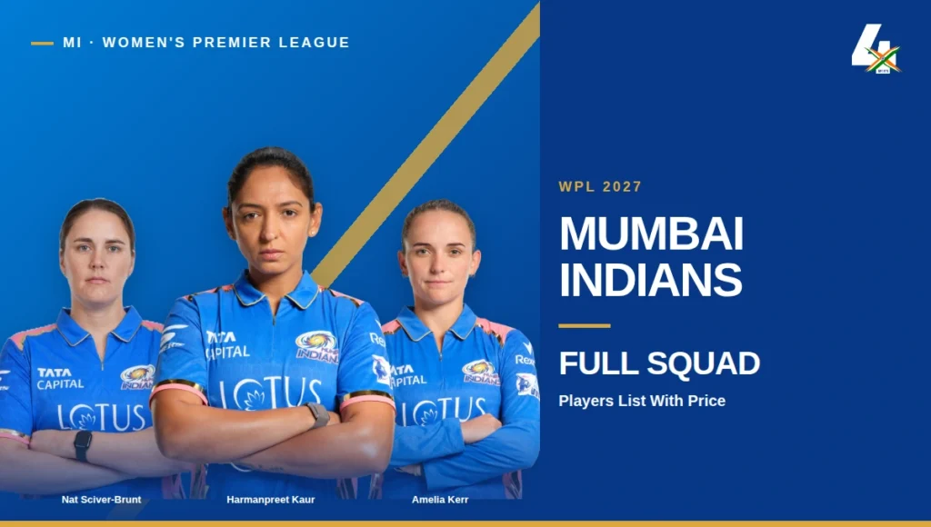 Mumbai Indians WPL 2027 full squad cover featuring Harmanpreet Kaur, Nat Sciver-Brunt, Amelia Kerr