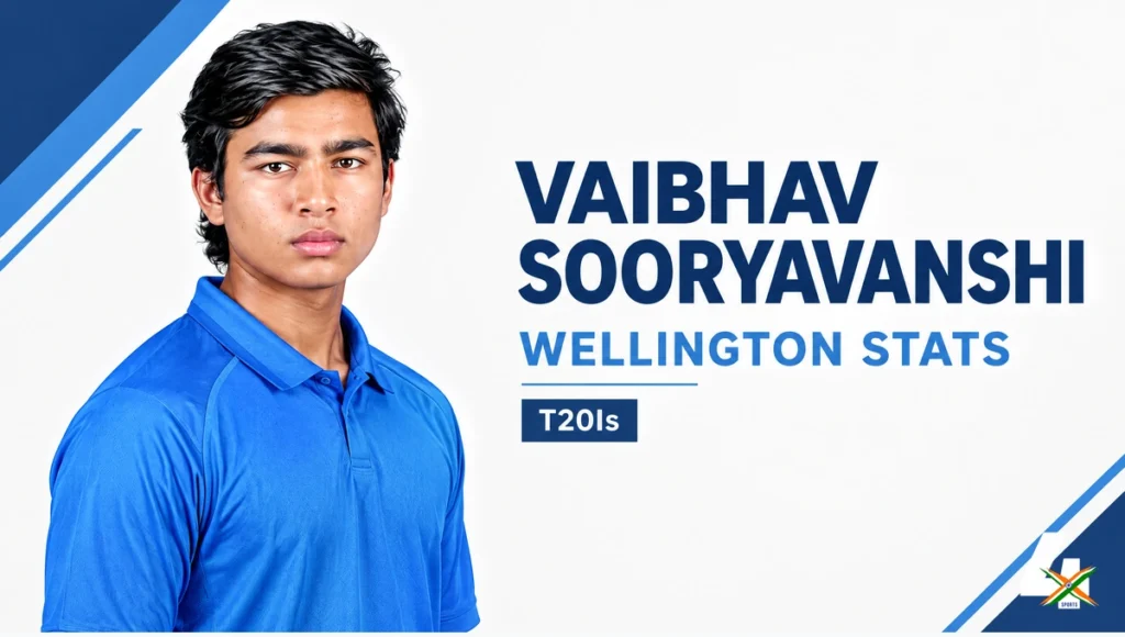 AI-assisted editorial portrait illustration of Vaibhav Sooryavanshi in generic blue Indian cricket clothing with the words “Wellington Stats” and “T20Is”.