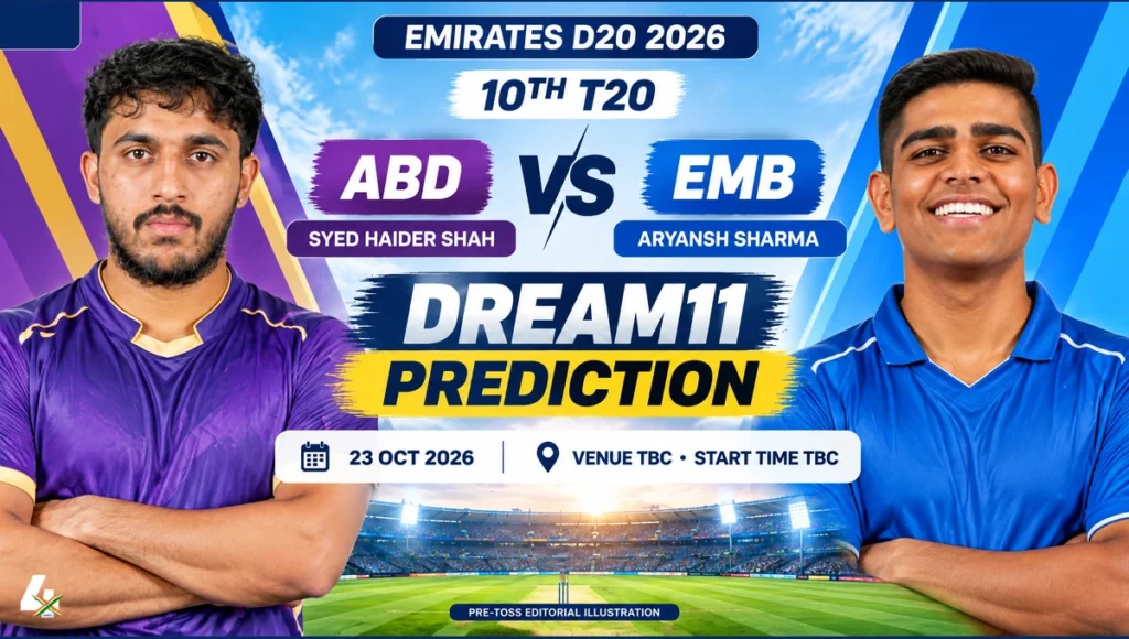 ABD vs EMB Dream11 Prediction cover for Emirates D20 2026. AI-assisted portraits of Syed Haider Shah and Aryansh Sharma. Venue and start time remain TBC.