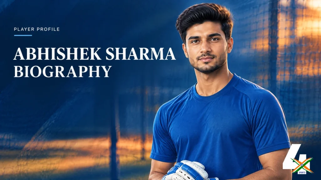 4xSports original editorial illustration of Abhishek Sharma for his biography; not a documentary photograph.