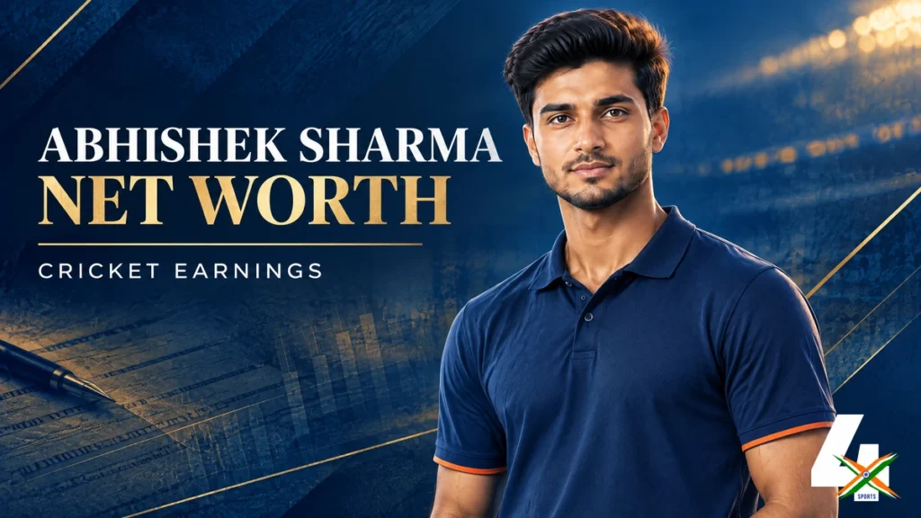 4xSports original editorial illustration of Abhishek Sharma for his net-worth and cricket earnings article; not a documentary photograph.