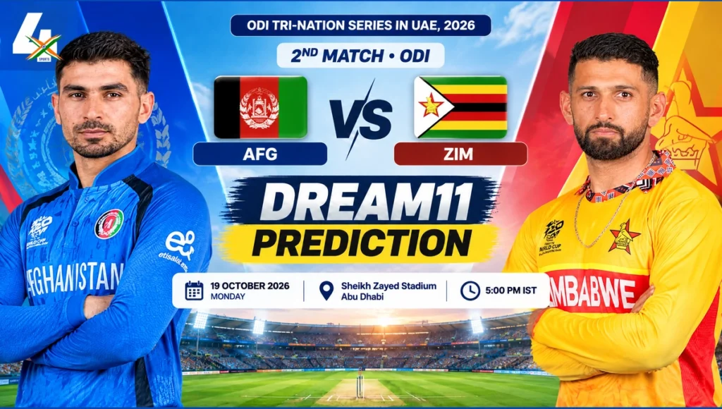 AFG vs ZIM Dream11 Prediction — 2nd, Abu Dhabi, 2026-10-19. AI-assisted editorial matchup artwork featuring Rahmanullah Gurbaz and Sikandar Raza; not a match photograph.
