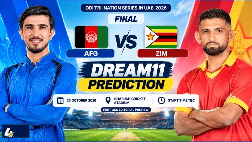 AFG vs ZIM Dream11 Prediction final cover. AI-assisted editorial portraits of Sediqullah Atal and Sikandar Raza. Pre-toss preview, not a match photograph.