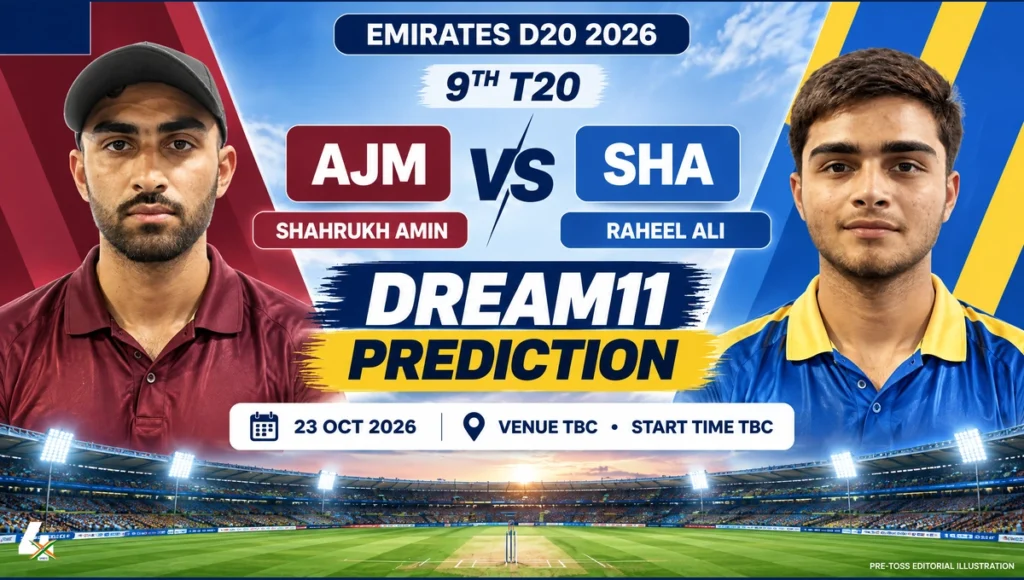 AJM vs SHA Dream11 Prediction cover for Emirates D20 2026. AI-assisted portraits of Shahrukh Amin and Raheel Ali. Venue and start time remain TBC.